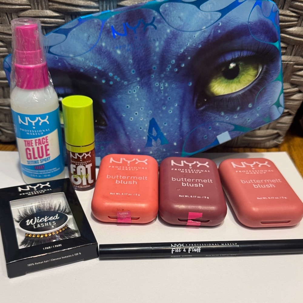 NYX Buttermelt Blush, lip, brow, eyeshadow, lashes, setting spray bundle